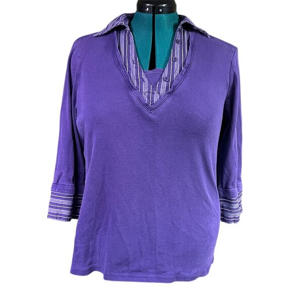 Lane Bryant Faux Layered 3/4 Sleeve Collar Blouse V Neck Plus Size 14/16 Purple - Picture 1 of 15